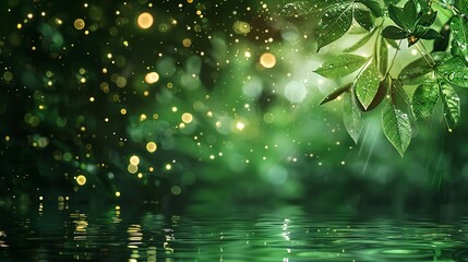 Canvas Print - a dark green background with sparkling lights and a leafy plant in the foreground, and a reflection of water in the foreground3