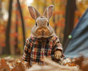 Poster - A rabbit wearing a plaid shirt stands in a forest of fallen leaves. AI.