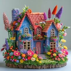 Sticker - A charming miniature cottage surrounded by vibrant flowers. AI.