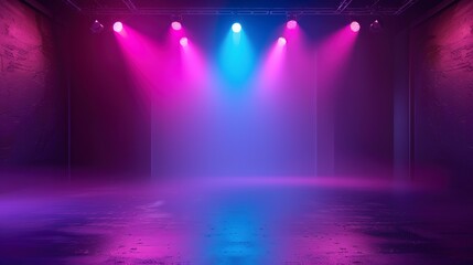 Sticker - neon dark stage shows empty room neon light spotlights dark blue purple pink background dance floor for product display in studio backdrop for photo shooting