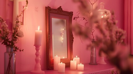 Sticker - a pink room with a picture frame and candles