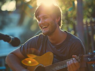 Canvas Print - A man smiles while playing his guitar. AI.