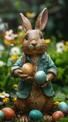 Wall Mural - A bunny statue holding painted Easter eggs. AI.