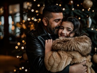 Canvas Print - A father and daughter share a warm embrace during the holiday season. AI.