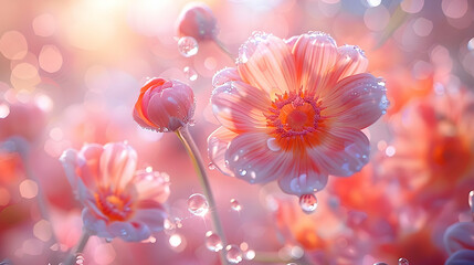 Poster - Pink Flowers with Dew Drops