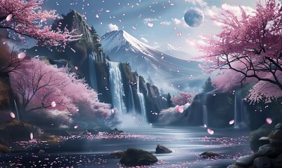 Canvas Print - A serene landscape featuring a waterfall cascading into a pool surrounded by cherry blossom trees and majestic mountains