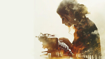 Poster - Creative writer with vintage typewriter and manuscript double exposure effect