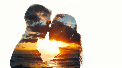 Poster - Double exposure effect featuring a corporate couple in love, with a sunset beach scene, on white background