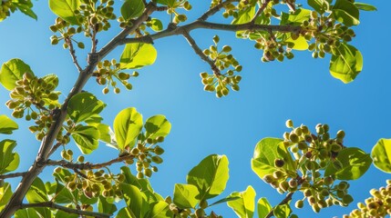 pistachio tree branches against blue sky