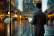 © AI Visual Vault - Businessman Analyzing Data in Urban Setting: A professional in a sleek suit, immersed in the city's vibrant backdrop, examines data on a laptop, showcasing ambition and success.