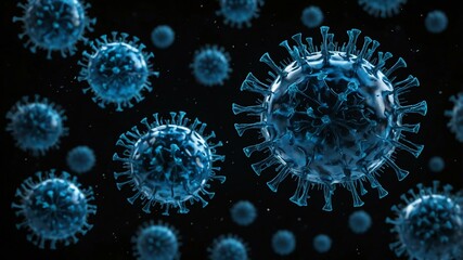 Wall Mural - small single floating blue virus concept image in blac background
