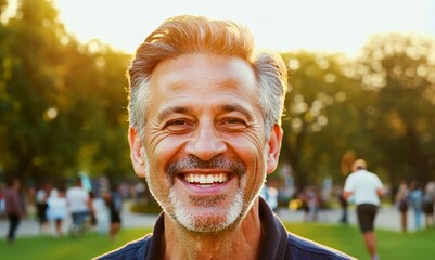 Wall Mural - Portrait of a happy senior man smiling in the park at sunset