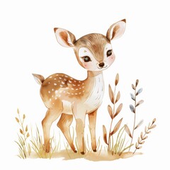 Young forest deer with white spots. Beautiful fawn image. Watercolor cute bambi illustration. Forest and park wildlife animal. 