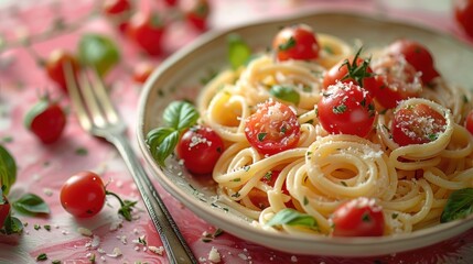 Wall Mural - Photo of a bowl with tomato pasta on top, surrounded by a fork and spoon.