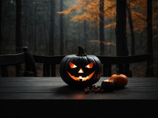 Wall Mural - Empty black halloween table mockup with pumpkin