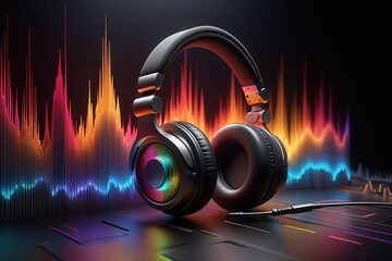 Colorful audio spectrum visualization with a headphone, horizontal composition