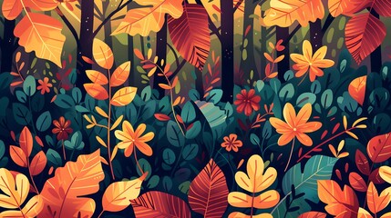 Fall forest hike colorful leaves tranquil nature. Wall hanging branches seamless pattern leaves fall with bright color flowers illustration background.