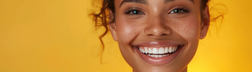 A smiling woman with curly hair against a vibrant yellow background, exuding joy and positivity.