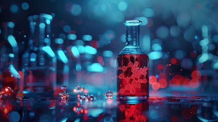 Wall Mural - blue and red glass flasks with chemical structures on a research background - medical science and te