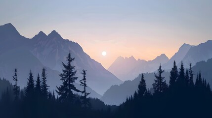 Realistic mountains landscape. Morning wood panorama, pine trees and mountains silhouettes. Vector forest hiking background. 
