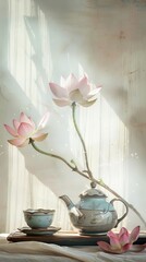 Wall Mural - A still life featuring a tea set and pink lotus blossoms in a sunlit setting