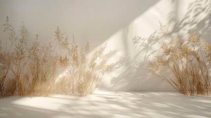 Canvas Print - Minimalist Studio Background with Soft Light and Dried Grass for Product Photography and Design Inspiration