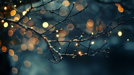 Canvas Print - a close up of a tree branch with a bunch of lights in the background and a blurry boke of lights in the foreground.