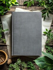 A blue book on a wooden surface framed by lush green foliage