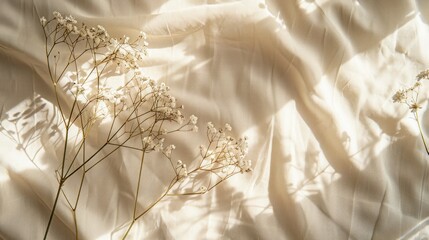 Wall Mural - Delicate White Flowers on a Creamy Fabric