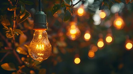 Wall Mural - Stunning hd 8k wallpaper of light bulbs swaying in the wind against a dark background, perfect for science and technology themes, symbolizing innovation, ideas, and sustainable energy concepts


