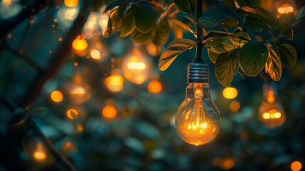 Wall Mural - Stunning hd 8k wallpaper of light bulbs swaying in the wind against a dark background, perfect for science and technology themes, symbolizing innovation, ideas, and sustainable energy concepts


