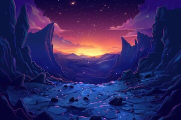 Mystical landscape with vibrant sunset and glowing rocks in alien world