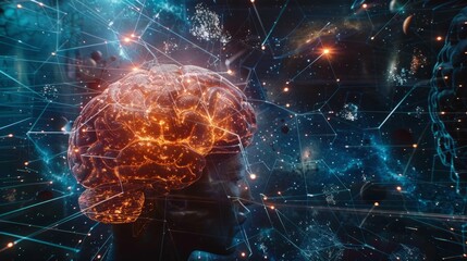 Wall Mural - illustration of a human brain with radiating light and electrical impulses, symbolizing brain power,