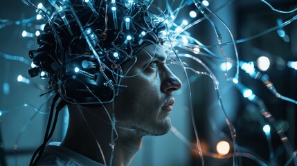 Wall Mural - illustration of a human brain with radiating light and electrical impulses, symbolizing brain power,