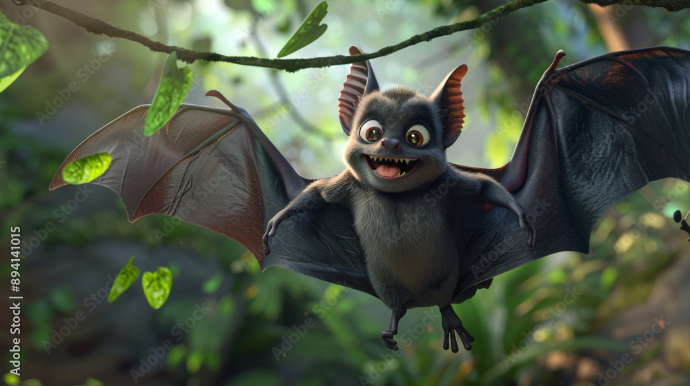 A delightful 3D animated bat with a cheerful expression, soaring ...