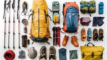 Set of sport equipment and gear for hiking and trekking. Top view of walking sticks, backpack, clothes etc. isolated on white background. 