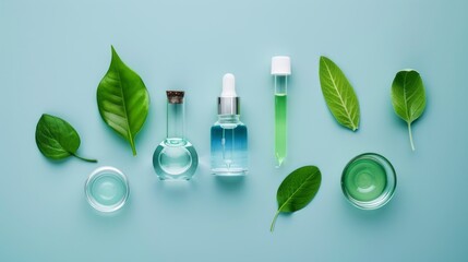 Cosmetic skincare background featuring herbal medicine and fresh green mint leaves on a natural stone surface – ideal for beauty, wellness, and skincare products