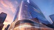 © KALEYA - Futuristic skyscraper with curved glass walls reflecting the sunset