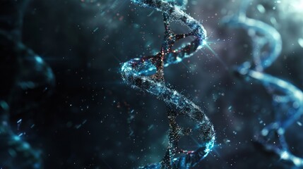 Close-up of double helix dna strand with vibrant molecular structure on dark blue background - ideal for genetic research, biotechnology, and molecular biology concepts