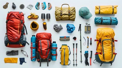 Set of sport equipment and gear for hiking and trekking. Top view of walking sticks, backpack, clothes etc. isolated on white background. 