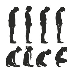 Silhouettes of People Bowing or Kneeling, Respect, Humility, or Prayer