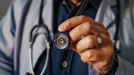 Doctor in white coat holding a stethoscope to patient’s chest for auscultation in clinical medical examination - close-up image of healthcare professional in modern hospital setting