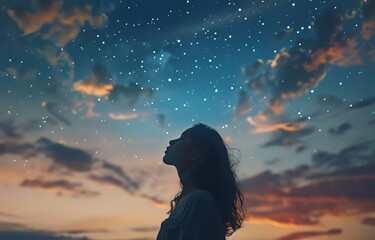 Wall Mural - A Silhouette of a Woman Gazing Up at the Night Sky Filled with Sparkling Stars