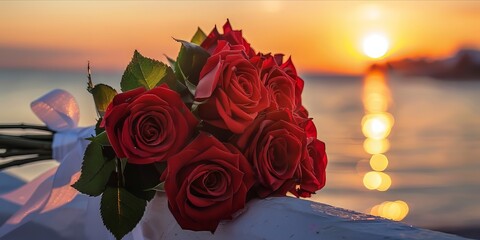 Sticker - A bouquet of red roses with green leaves against a sunset over water