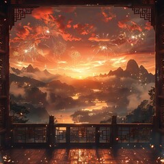 Poster - A view from a balcony showcasing a fiery sky filled with fireworks over a distant mountainous city