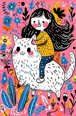 Sticker - A girl with long black hair rides a white cat through a colorful floral landscape