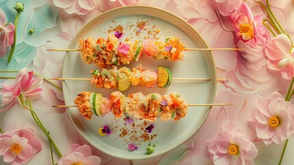 Canvas Print - Shrimp and Vegetable Skewers with Pink Flowers