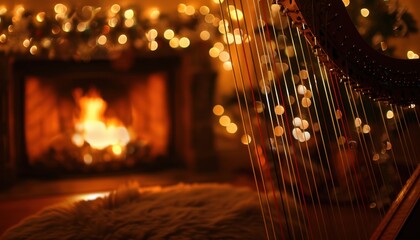 Harp Strings Glowing in Warm Evening Light Near a Cozy Fireplace