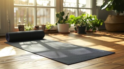 Canvas Print - Yoga mat on wooden floor in bright room, space for text