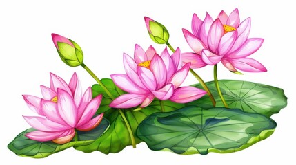 Sticker - Delicate bouquet of lotuses in vibrant watercolor, showcasing natures beauty in a stunning floral arrangement.